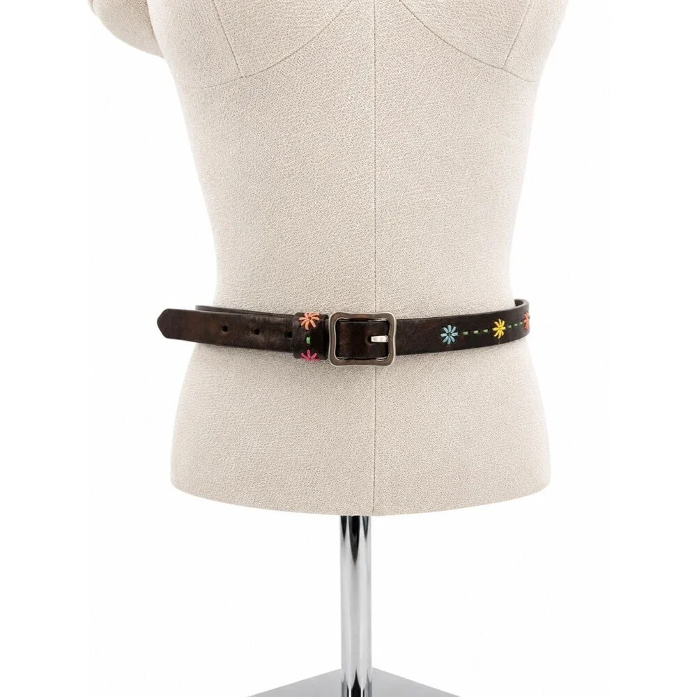 Dockers Brown Leather Embroidered Floral Belt Size Medium Boho